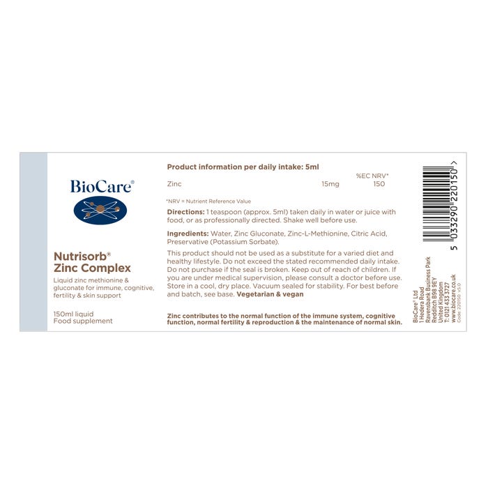 BioCare Nutrisorb Zinc Complex 150ml: highly absorbable liquid zinc formulation for immune support.