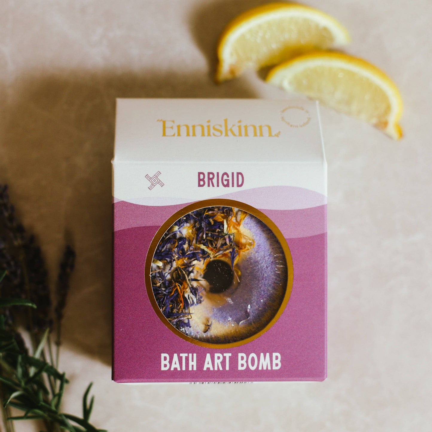 Enniskinn Brigid 185g Bath Bomb with lavender, lemon and frankincense essential oils.
