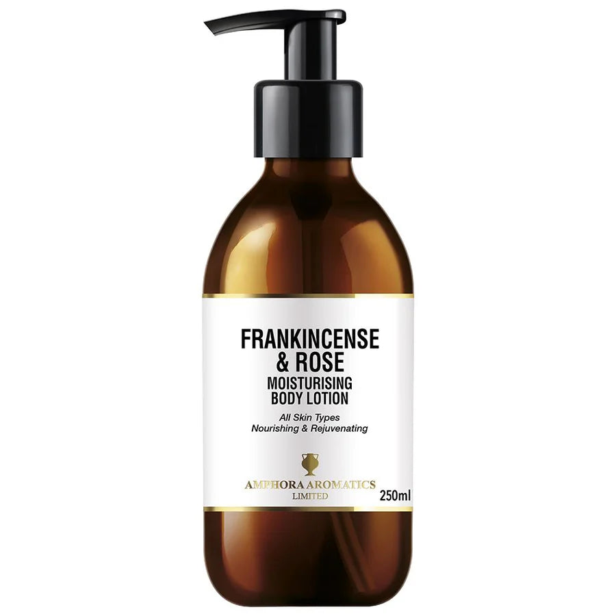 Amphora Aromatics Frankincense & Rose Shower & Bath Gel, a nourishing body wash in a 250ml glass bottle.
