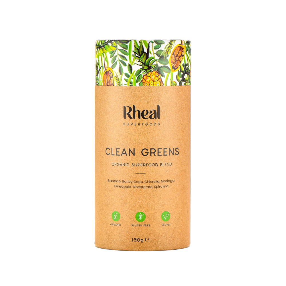 RHEAL Superfoods Clean Greens – Organic Superfood Blend 150g With Baobab, barley grass, chlorella, moringa, pine