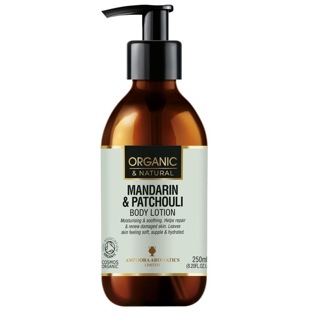Mandarin & Patchouli body lotion 250mL; deeply hydrating for all skin types, with captivating aroma.