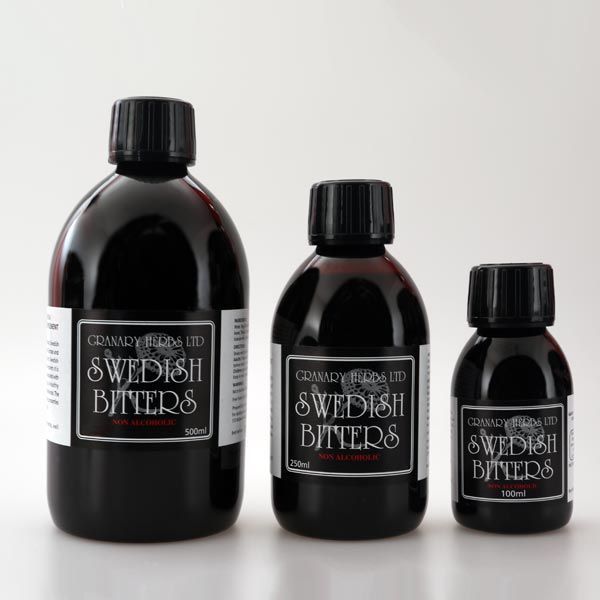 Granary Herbs Non-Alcoholic Swedish Bitters, contains Aloe, Angelica, Myrrh, and Saffron.