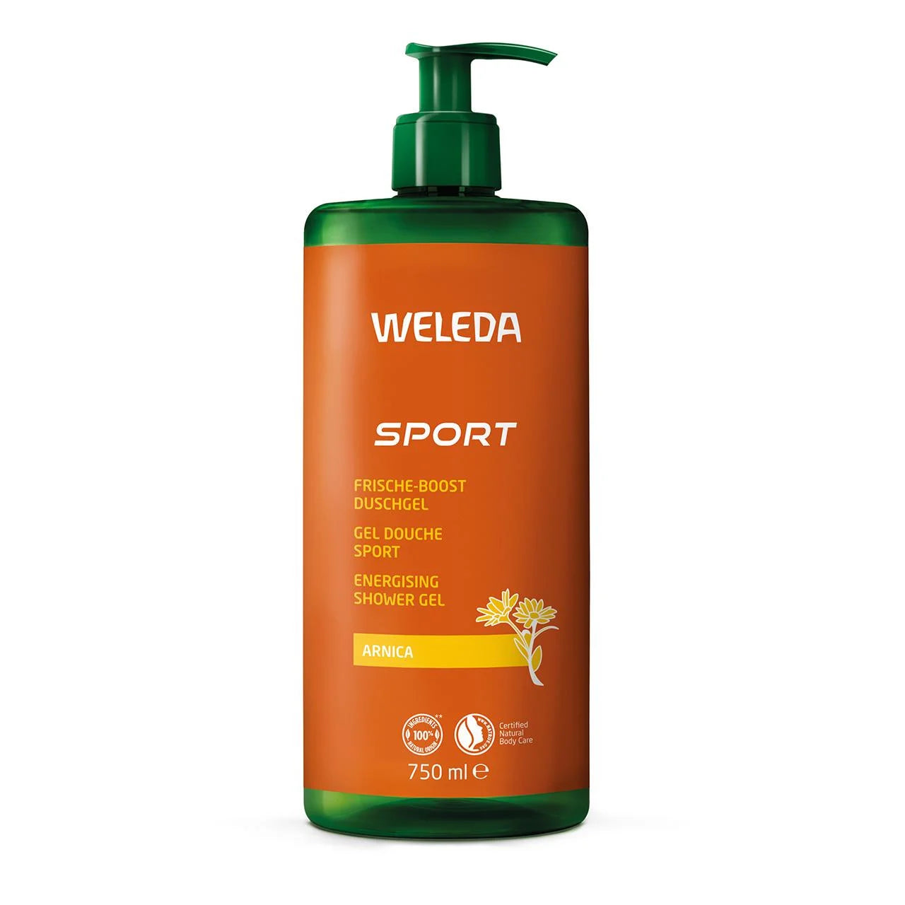 Weleda Sport Shower Gel 750mL with organic arnica to help soothe sore muscles after physical activity.