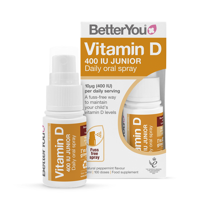 Better You D400 Junior Vit D spray 400IU (10µg) for bone development & immune support, natural peppermint flavour.