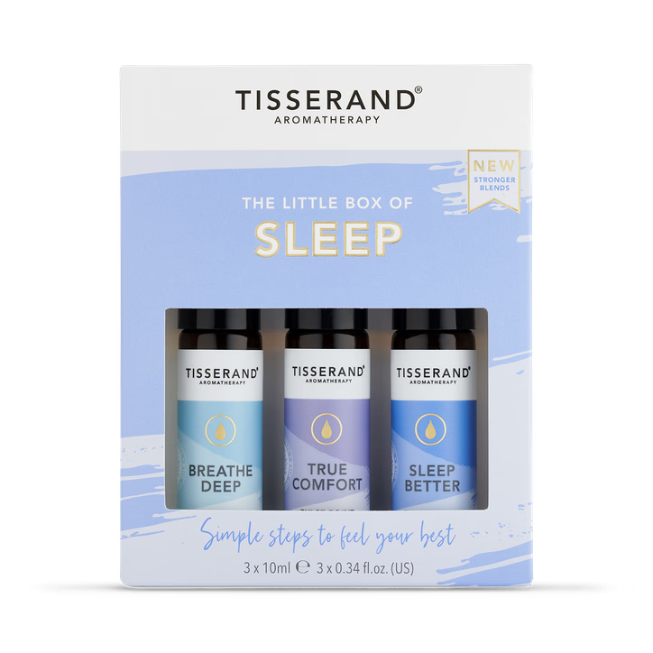 Tisserand Little Box of Sleep featuring three essential oil roller balls for restful sleep.