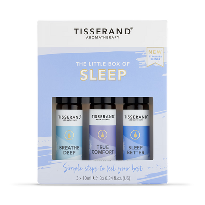 Tisserand Little Box of Sleep featuring three essential oil roller balls for restful sleep.