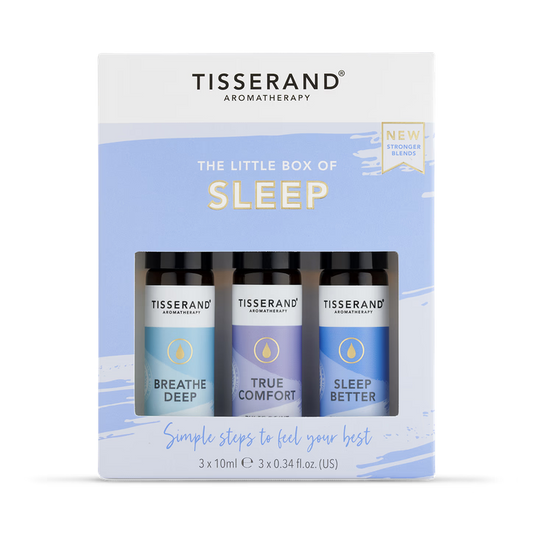 Tisserand Little Box of Sleep featuring three essential oil roller balls for restful sleep.
