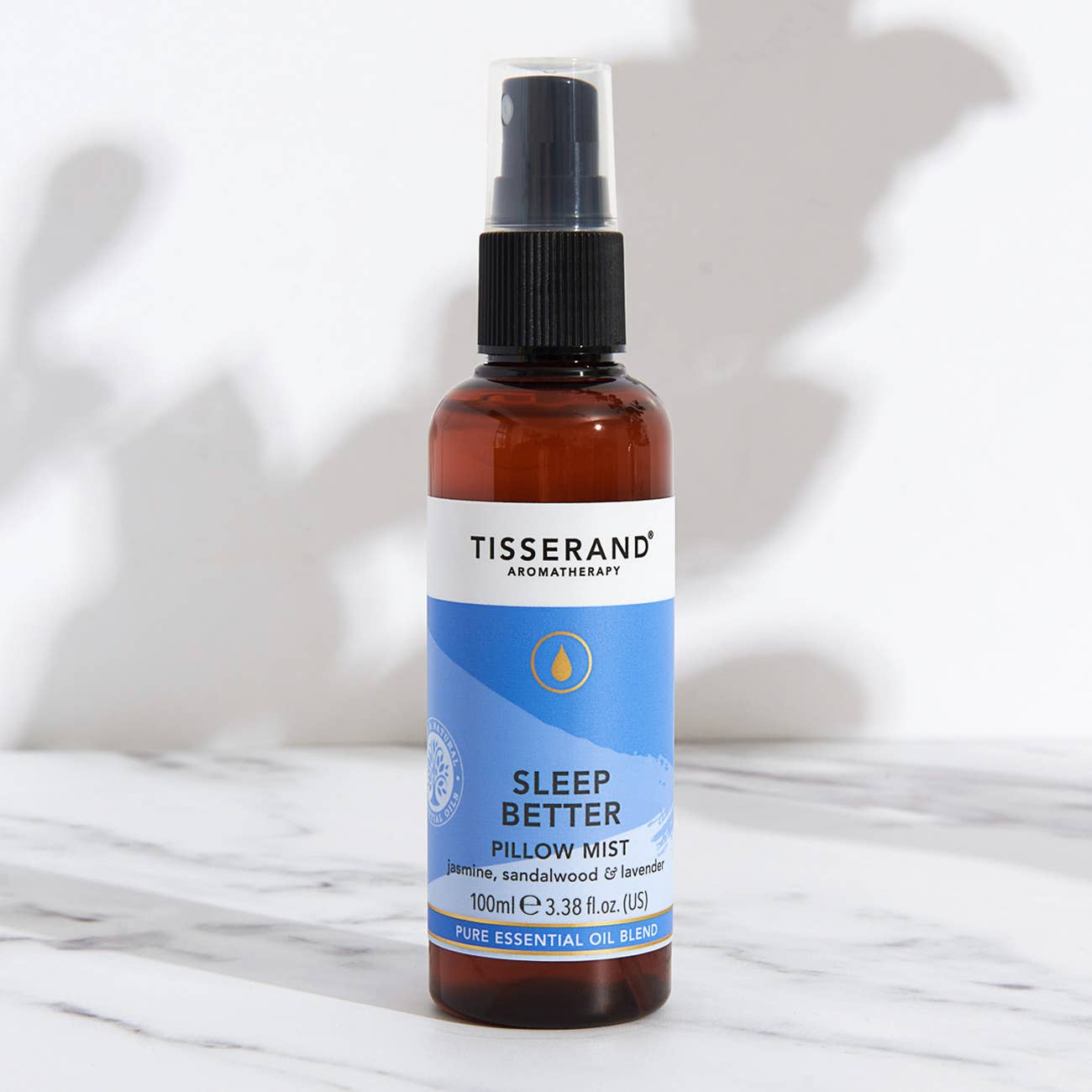 Tisserand Sleep Better Pillow Mist with lavender and sandalwood pure essential oils for restful sleep.