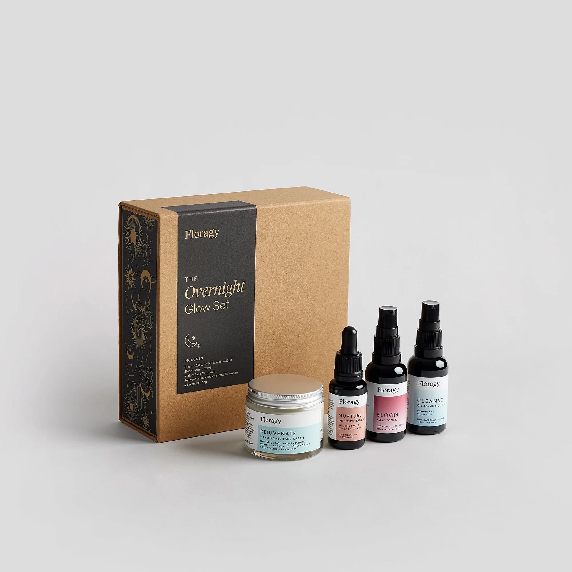 Floragy Overnight Glow Set, 100% naturally derived vegan skincare for deep hydration and a radiant complexion.
