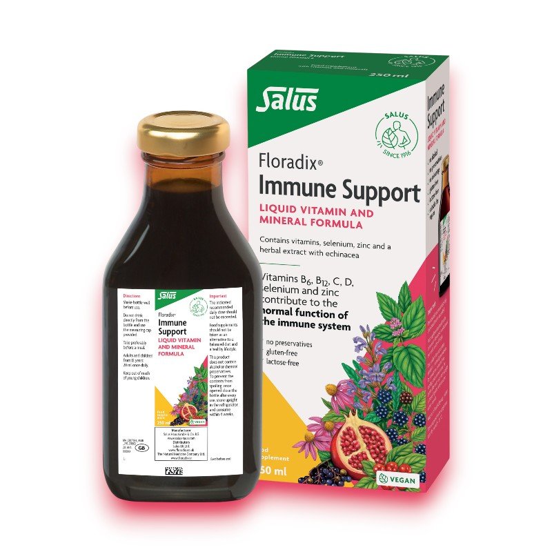 Floradix Immune Support 250ml liquid supplement, rich in Vitamins C, D, B12, B6, Zinc & Selenium for immune health.