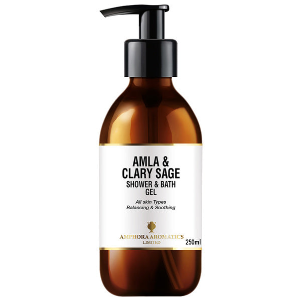 Amphora Aromatics Amla & Clary Sage Shower & Bath Gel in a 250ml glass bottle with a pump lid.