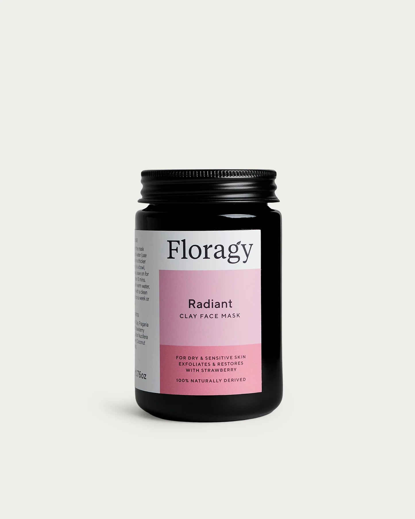 Floragy Radiant Clay Face Mask with strawberry powder and coconut milk to help unlock skin’s natural glow.