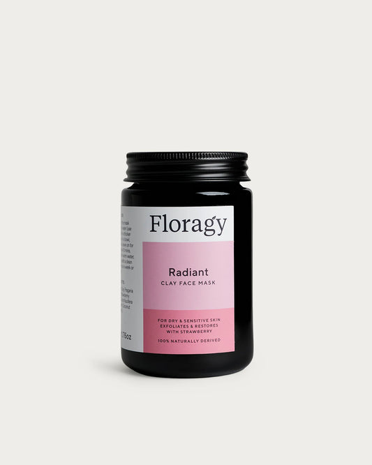Floragy Radiant Clay Face Mask with strawberry powder and coconut milk to help unlock skin’s natural glow.