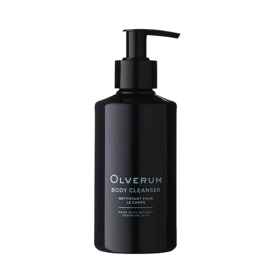 Olverum Luxurious Body Cleanser, a vegan and sulphate-free body wash in a 250ml bottle.
