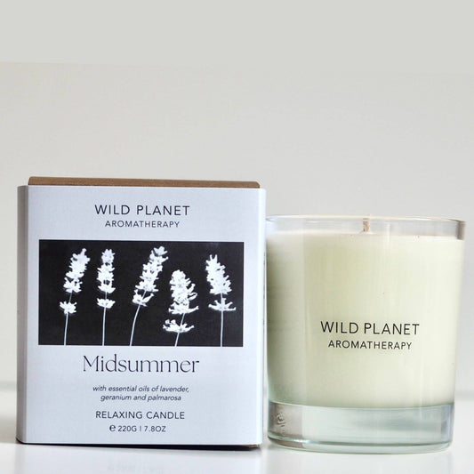 Wild Planet Aromatherapy Midsummer Candle, a relaxing floral soy wax candle hand poured in Kent.