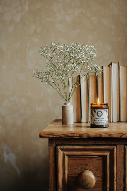 Scott's Apothecary Lavender, Basil & Lemon candle with pure essential oils to help promote healthy sleep.
