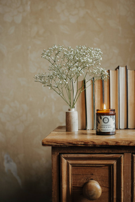 Scott's Apothecary Lavender, Basil & Lemon candle with pure essential oils to help promote healthy sleep.
