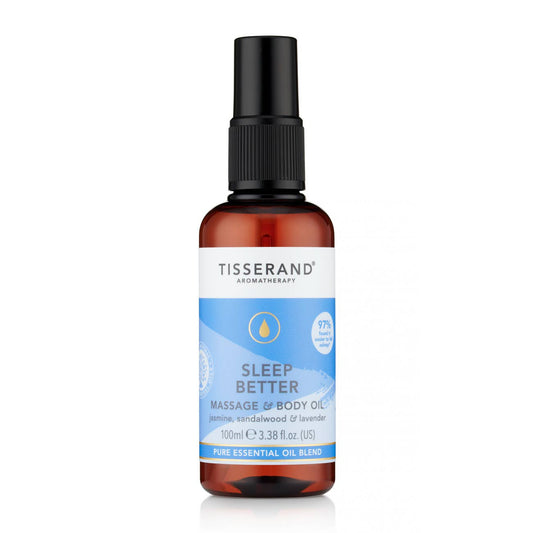 Tisserand Sleep Better Massage & Body Oil with soothing lavender and jasmine to help relax before bed.