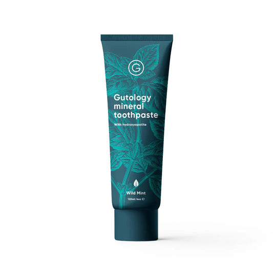 Gutology Toothpaste, a fluoride-free mineral toothpaste with hydroxyapatite to remineralise and protect tooth enamel.