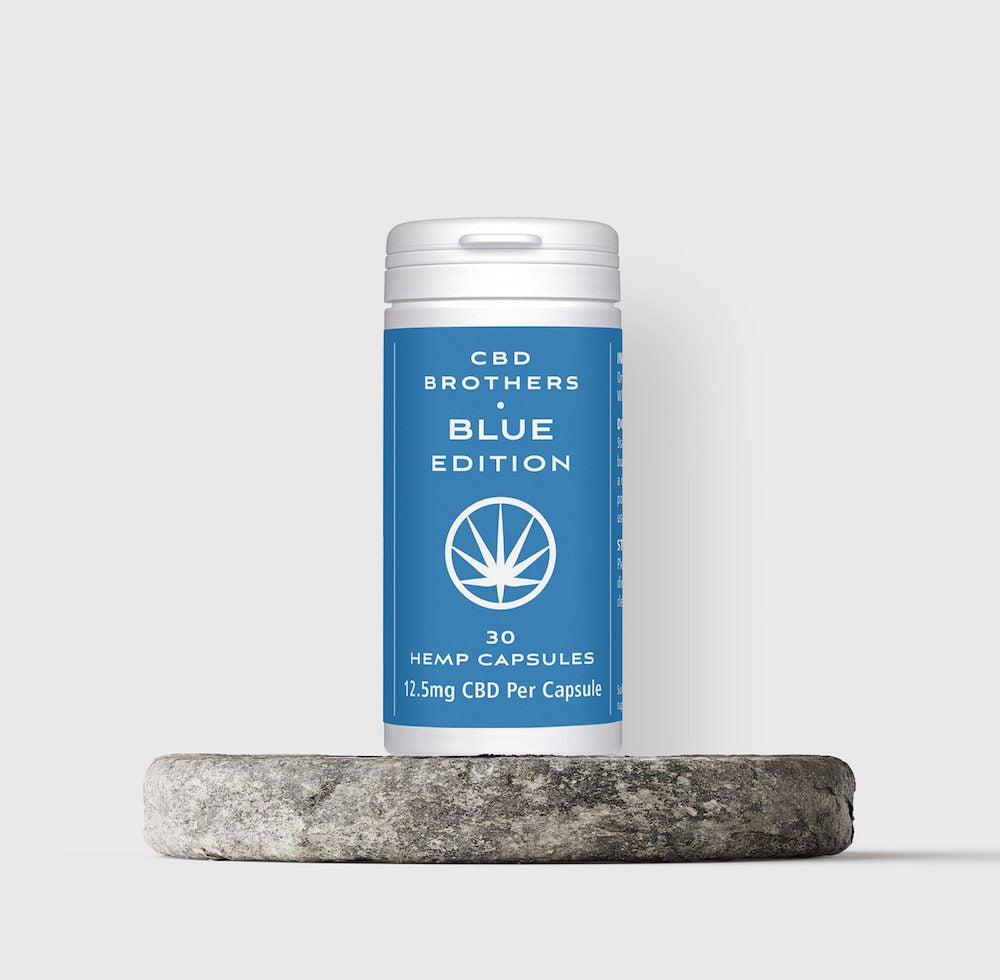 CBD Brothers Blue Edition Capsules, a natural hemp supplement for daily wellness support.