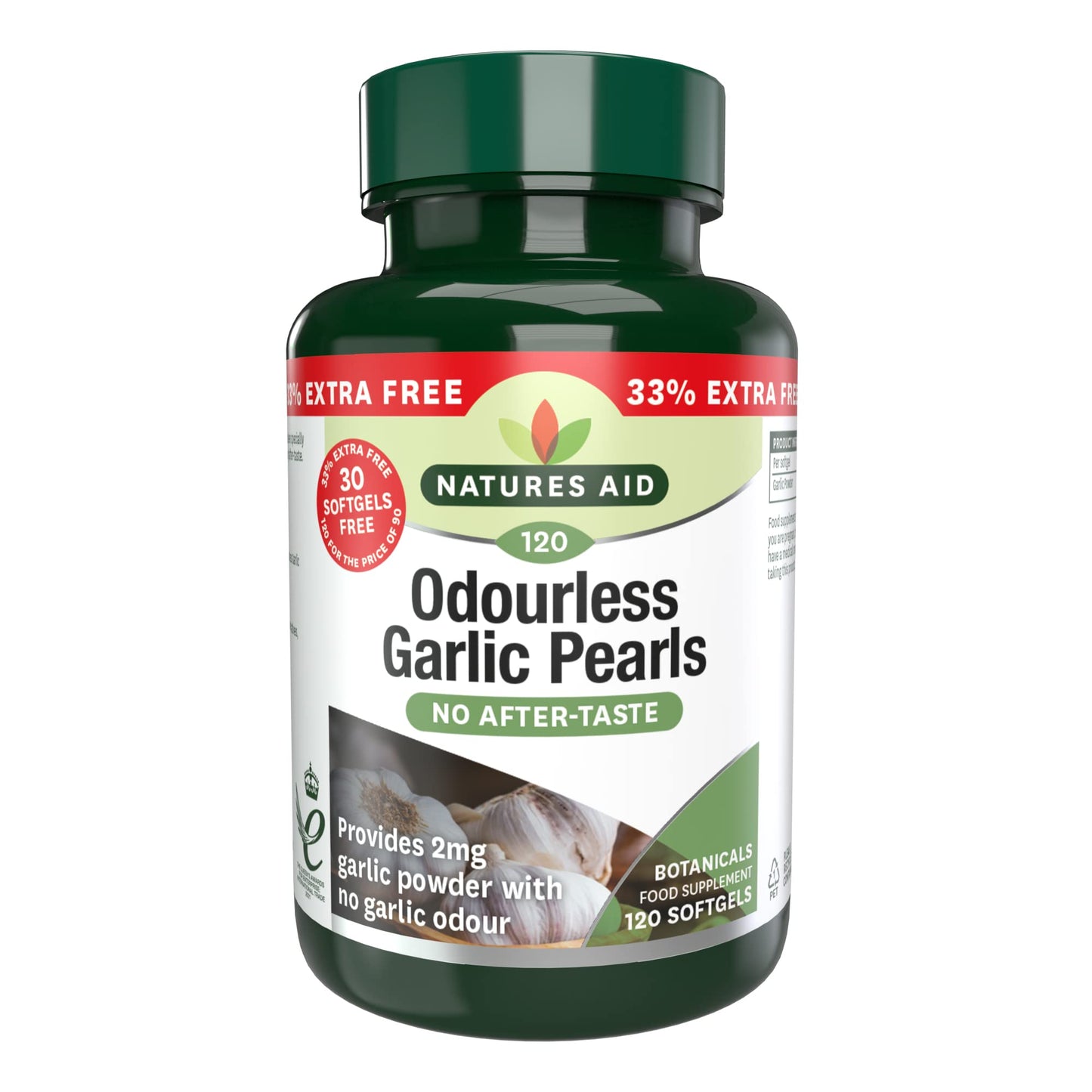 Natures Aid Odourless Garlic Pearls 120s, with 500mg fresh garlic equivalent, for daily wellness support.