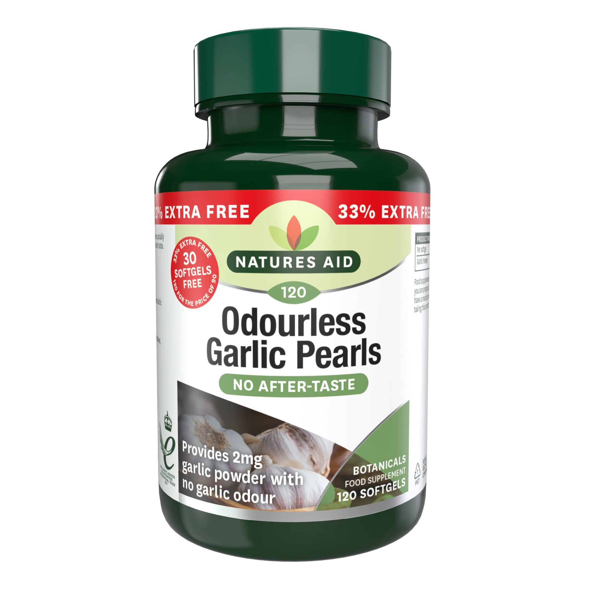 Natures Aid Odourless Garlic Pearls 120s, with 500mg fresh garlic equivalent, for daily wellness support.