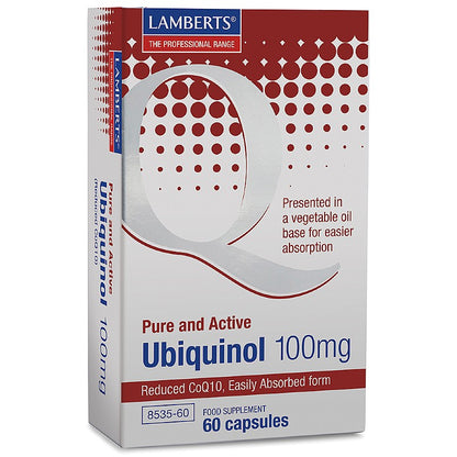 Lamberts Ubiquinol 100mg capsules for cellular energy and antioxidant support.
