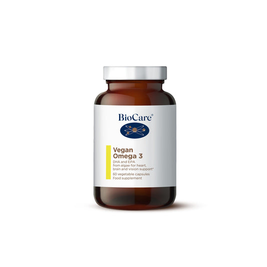 Biocare Vegan Omega3 60s, plant-based supplement with essential EPA and DHA for brain and heart health.