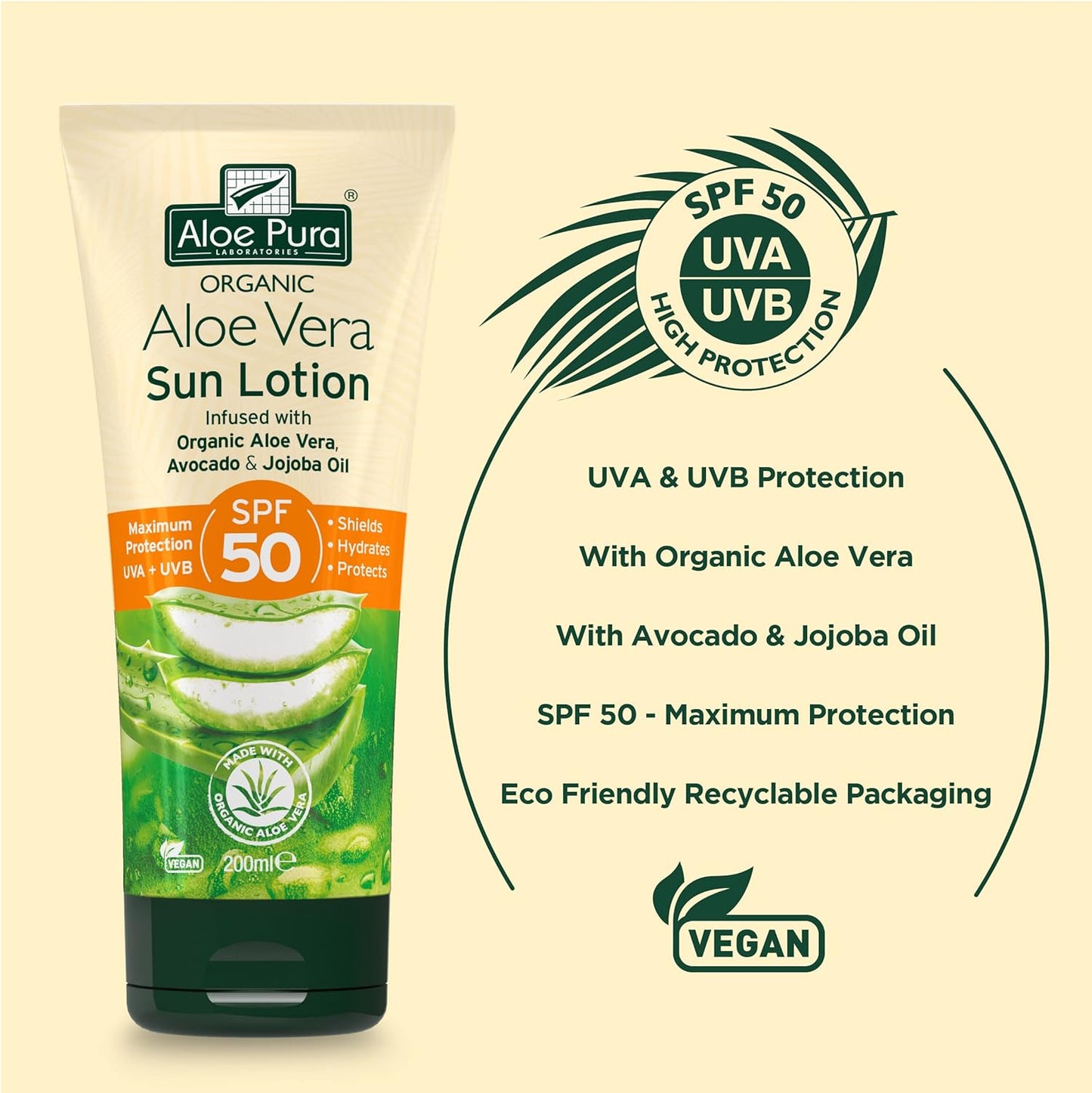 Aloe Vera sun lotion SPF 50 with soothing aloe vera extract for high-level sun protection.