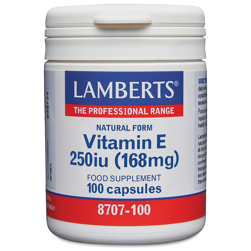 Vitamin E 250iu 100's capsules providing daily antioxidant support for heart health.