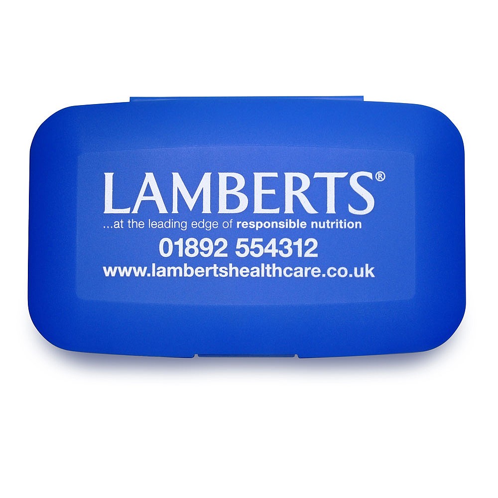 Lamberts Pill Box with multiple compartments for organised daily medication, compact for travel.