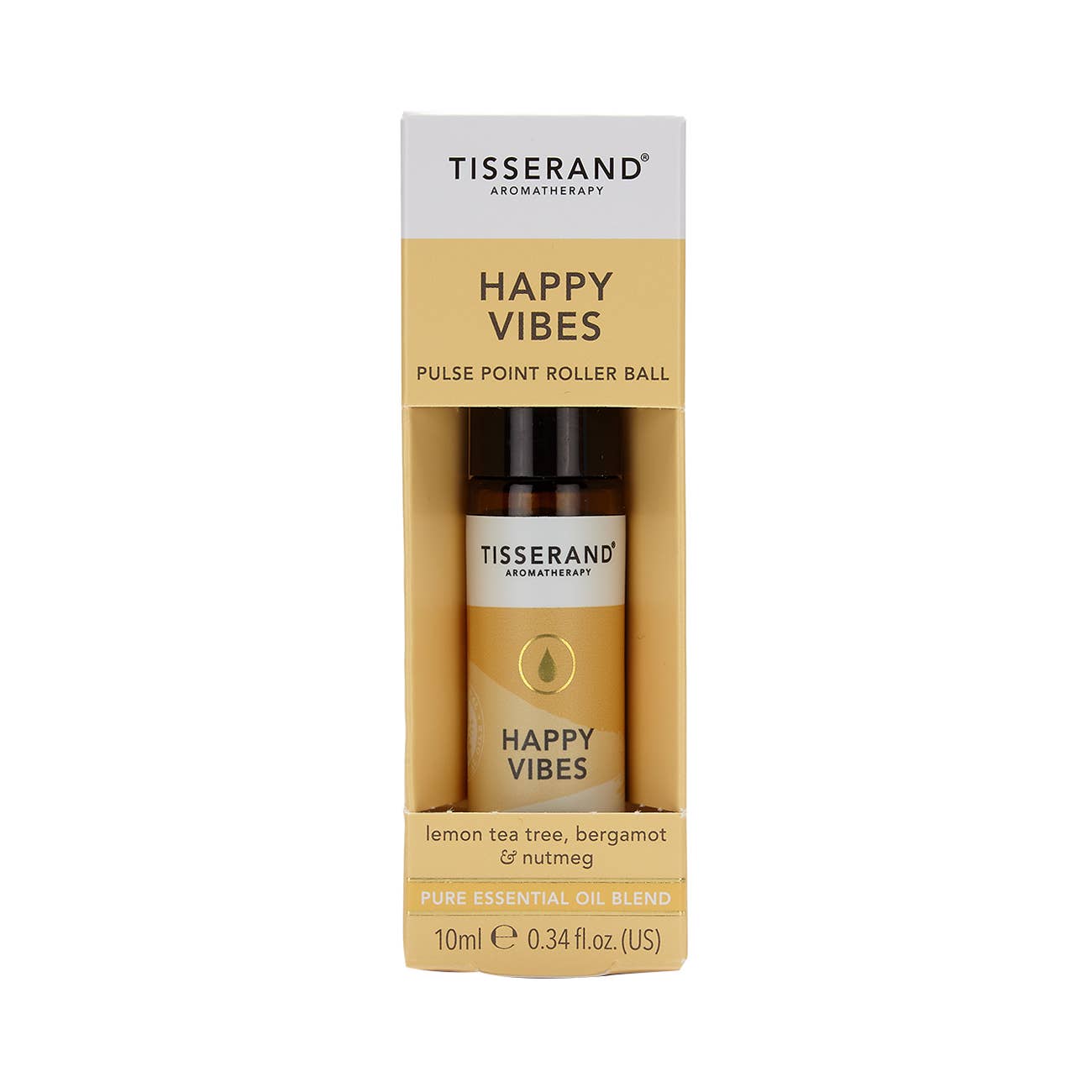 Tisserand Happy Vibes Pulse Point Roller Ball 10ml with uplifting Lemon Tea Tree and Bergamot essential oils.