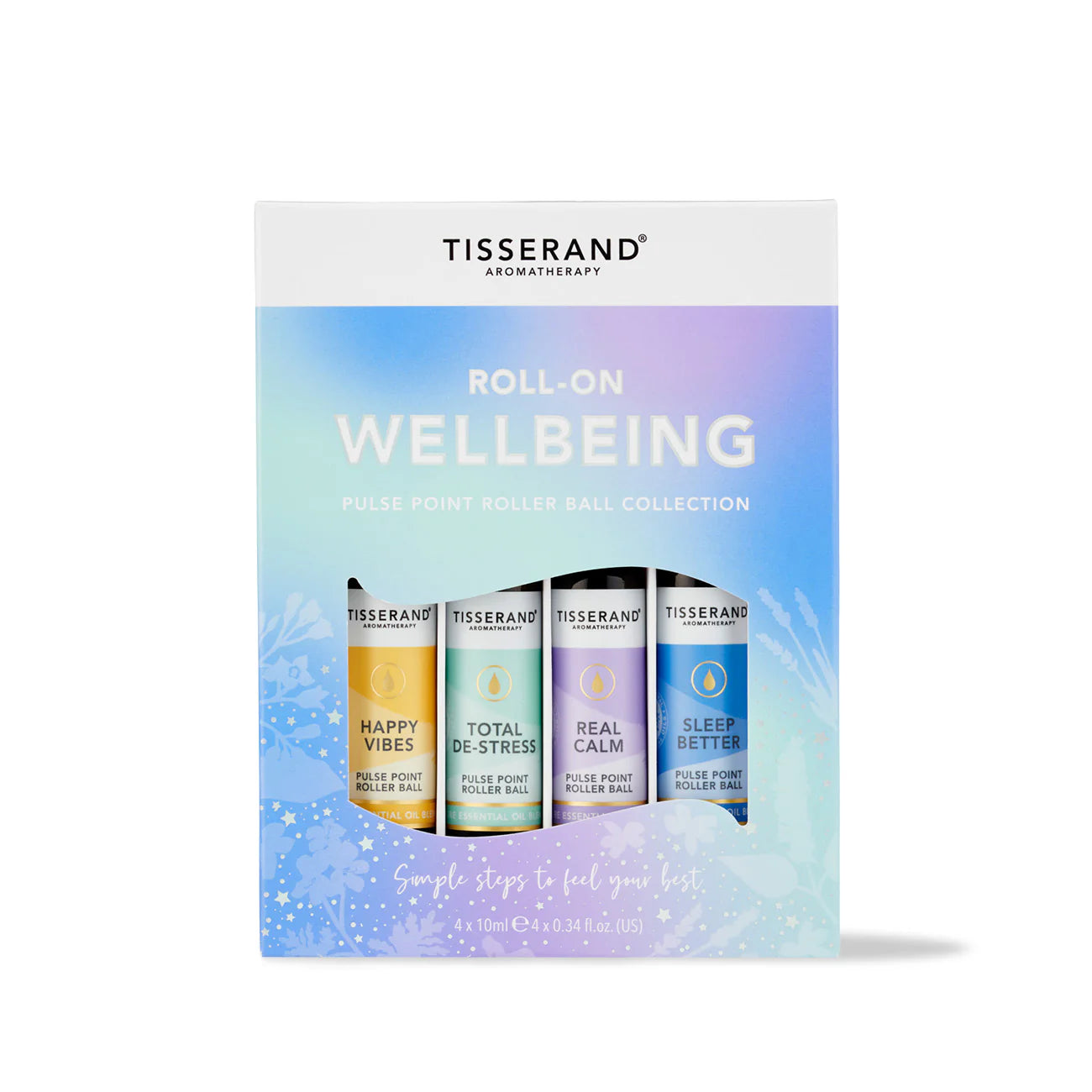 Tisserand Wellbeing Roller Ball Collection featuring four 10ml aromatherapy pulse point rollers.