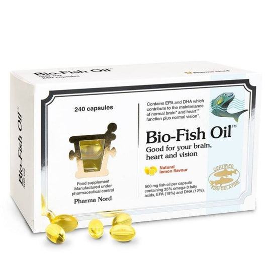 Bio-Fish Oil 500mg 240's, a premium fish oil supplement bottle containing 240 capsules for daily health support.
