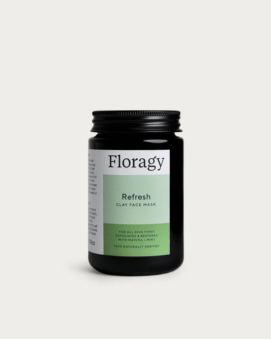 Floragy Refresh Clay Face Mask with Matcha and Mint to deeply cleanse and soothe skin.