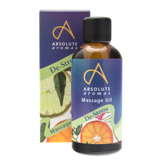 Absolute Aromas De-stress Massage Oil, expertly blended with natural essential oils for relaxation.