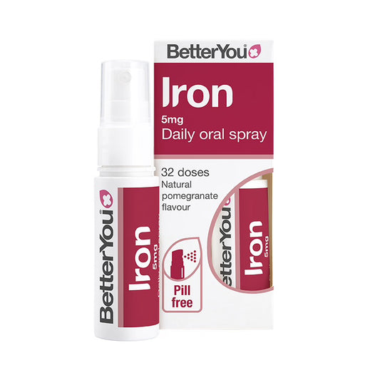 BetterYou Iron Oral Spray with a natural baked apple flavour to help reduce tiredness and fatigue.