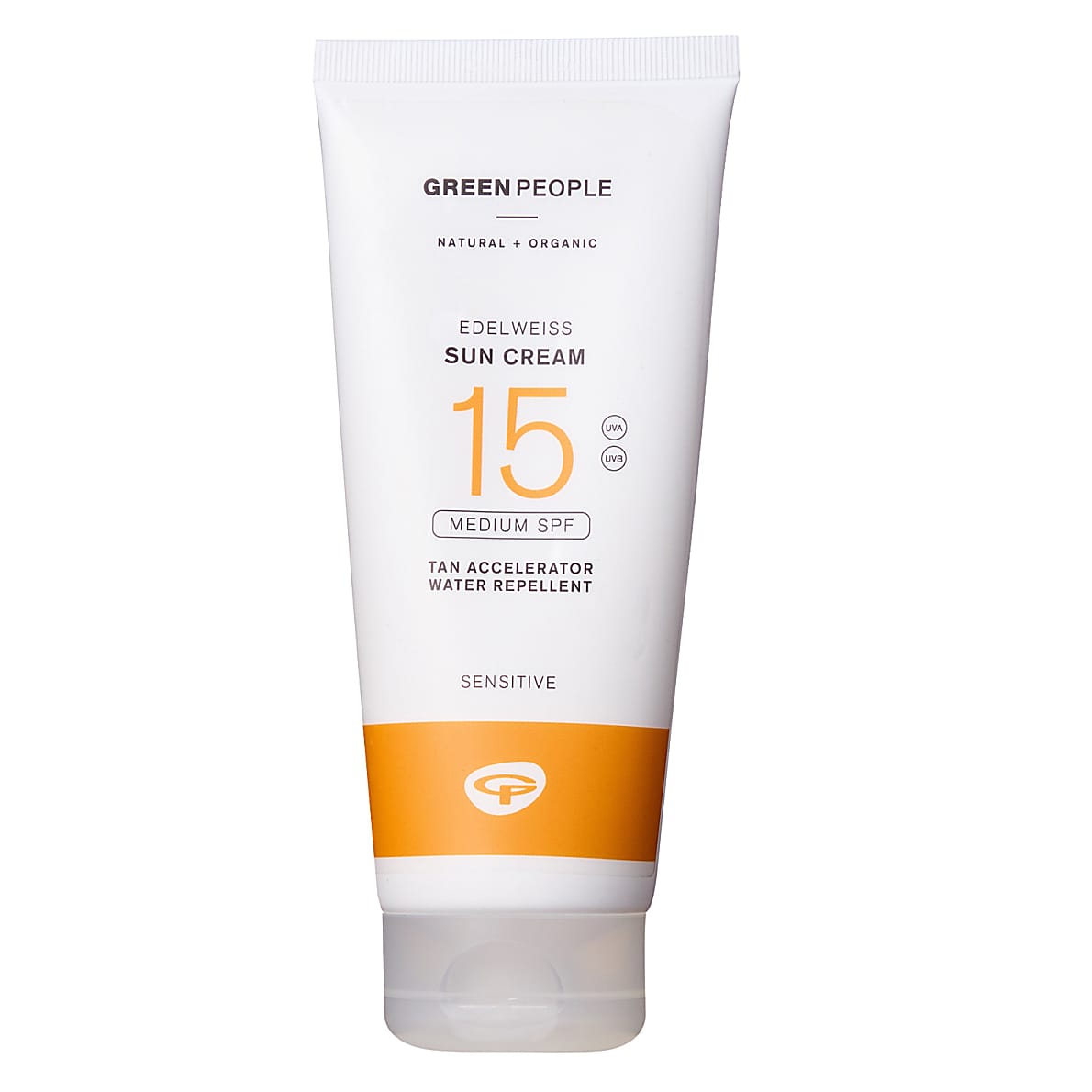Green People Edelweiss Sun Cream; broad-spectrum UVA/UVB protection, water-resistant, and suitable for sensitive skin.