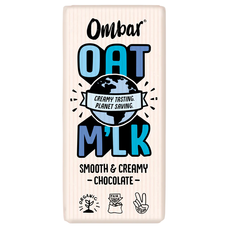 Ombar Oat M'lk organic chocolate bar made with British-grown oats for a creamy, dairy-free texture.