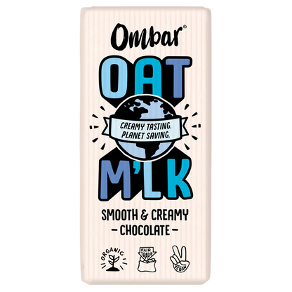 Ombar Oat M'lk organic chocolate bar made with British-grown oats for a creamy, dairy-free texture.
