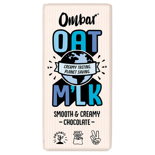 Ombar Oat M'lk organic chocolate bar made with British-grown oats for a creamy, dairy-free texture.