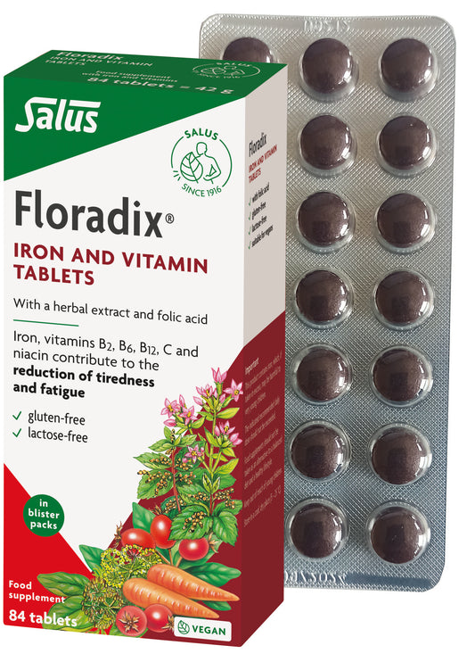 Floradix Iron & Vitamin Tablets 84, supports energy and vitality with highly absorbable iron.
