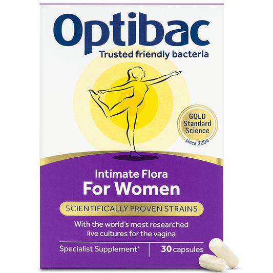 Optibac for Women 30s: specialist live cultures supplement for intimate health, 30 capsules, daily use.
