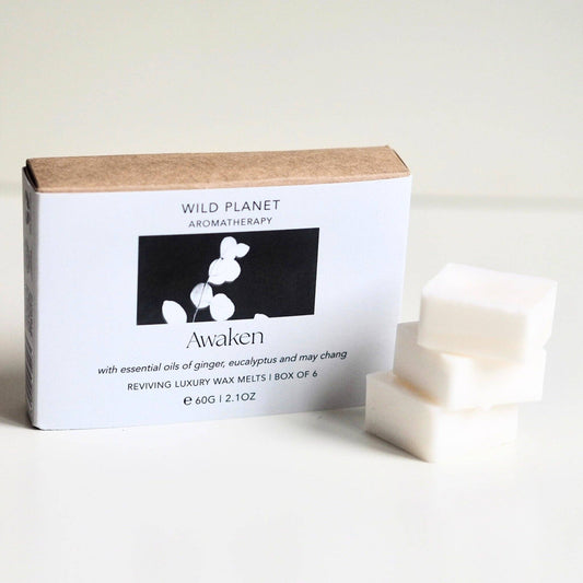 Wild Planet Aromatherapy Awaken Luxury Wax Melts with energising eucalyptus and ginger root.