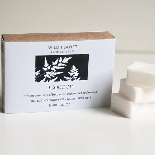 Wild Planet Aromatherapy Cocoon Luxury Wax Melts with pure essential oils of vetiver, bergamot and cedarwood.