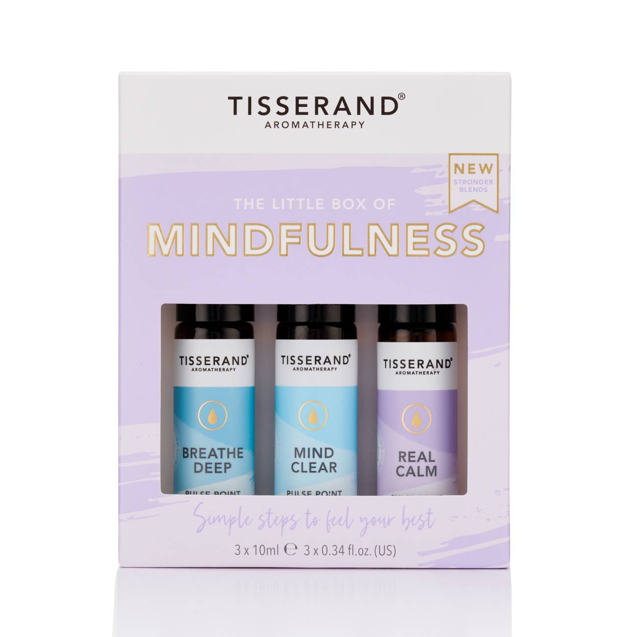 Tisserand Little Box of Mindfulness featuring three 10ml essential oil roller balls for emotional wellbeing.