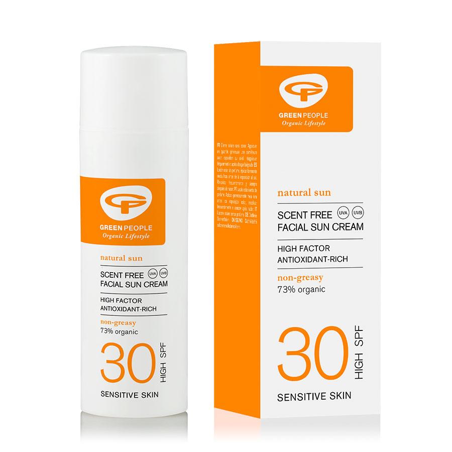 Green People Facial Sun Cream - natural & organic, broad-spectrum UVA/UVB protection, non-greasy, water-resistant.