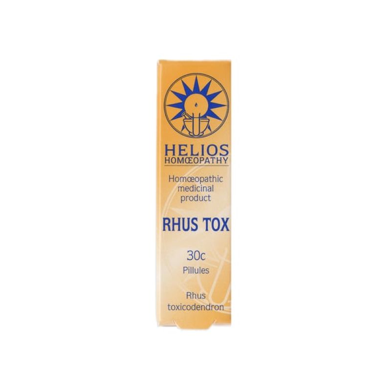Helios Rhus Tox pillules, homeopathic remedy for muscle and joint discomfort relief.