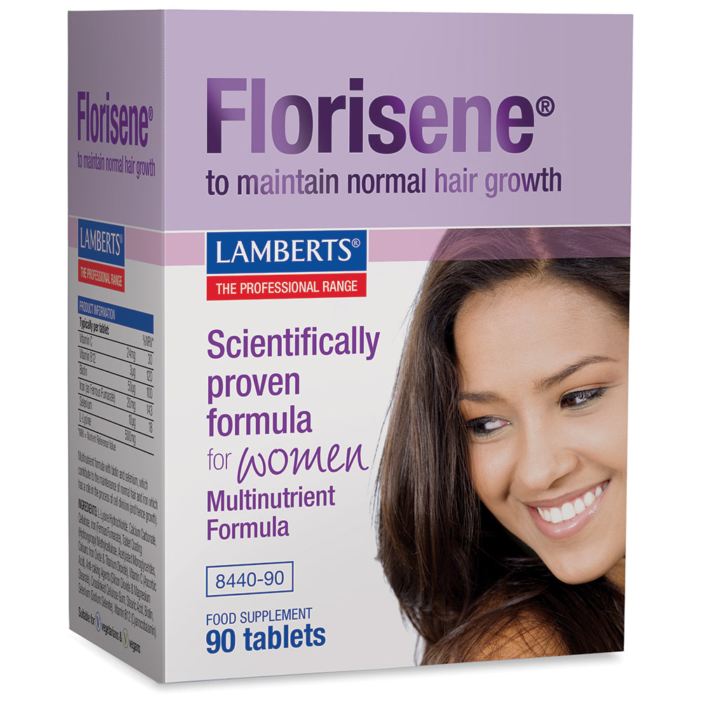 Florisene 90’s: supplement for women experiencing thinning hair, with iron and L-lysine for healthy hair growth.
