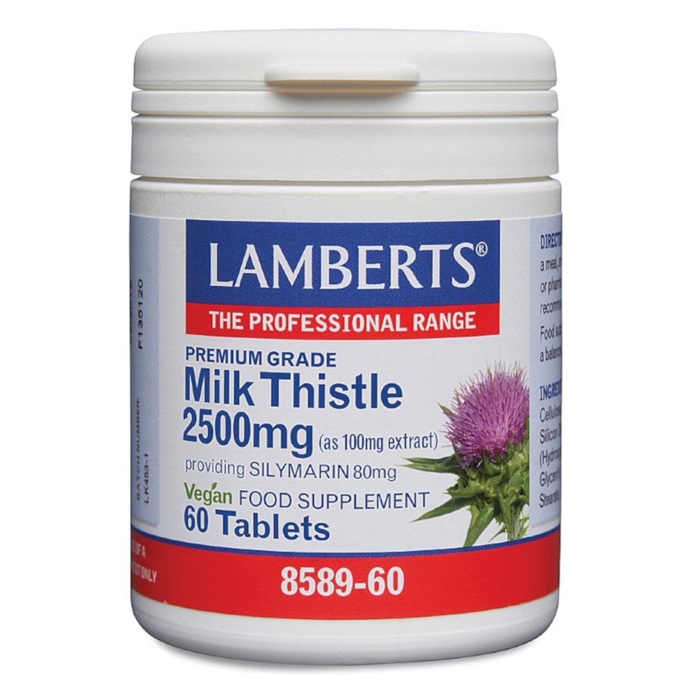 Milk Thistle 2500mg 60 capsules for well-being and liver support, with active compound silymarin.